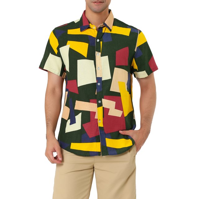Unique Bargains Men's Summer Shirts Short Sleeve Irregular Geometric Button Down Shirt