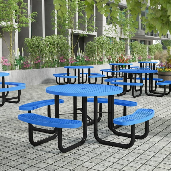 Flash Furniture 46" Round Outdoor Picnic Table with Commercial Heavy Gauge Expanded Metal Mesh Seats and Top with Umbrella Hole and Ground Anchors, Blue