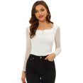 thumbnail image 1 of INSPIRE CHIC Blusas de mujer con cuello cuadrado, malla transparente, manga larga, corte ajustado, top fruncido texturizado blanco L, 1 of 4