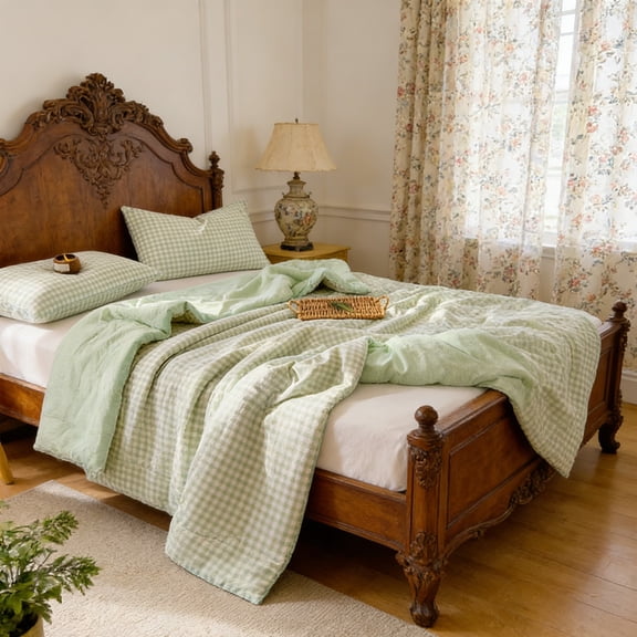 Chamoist Cotton Gingham Summer Quilt, Lightweight Breathable Bed Blanket, Reversible Plaid Comforter, Machine Washable Cooling Throw for Bedroom, 59x79 Inch