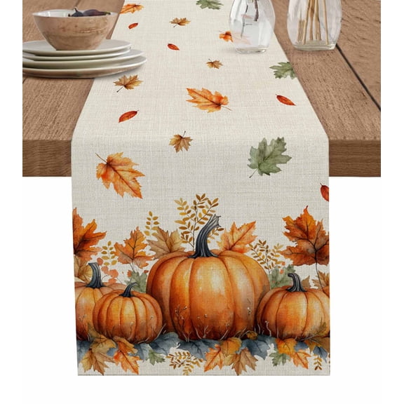 ERUNPONLY Orange Pumpkin Fall Table Runner - 72 Inch Long Thanksgiving Maple Leave Beige Cotton and Linen Blended Dress Scarves Farmhouse Table Runner for Kitchen Dining, Coffee Table, 18"x72"