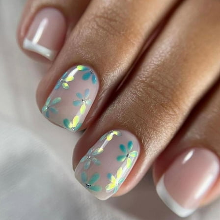 24pcs Floral Press On Nail Short Square Artificial Nail Acrylic False Nail