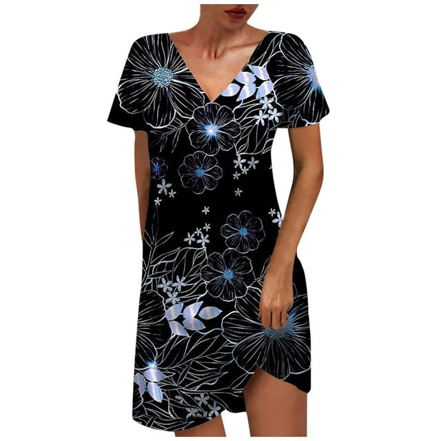 Robes d'Été pour Femmes à Imprimé, Manches Courtes, Col en V, Longueur Mi-Cuisse, Robe Mode