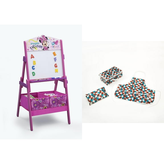 Delta Children Artist Bundle: Disney Minnie Mouse Activity Easel With 3-Piece Kids Art Set: Apron, Market Holder & Storage Case