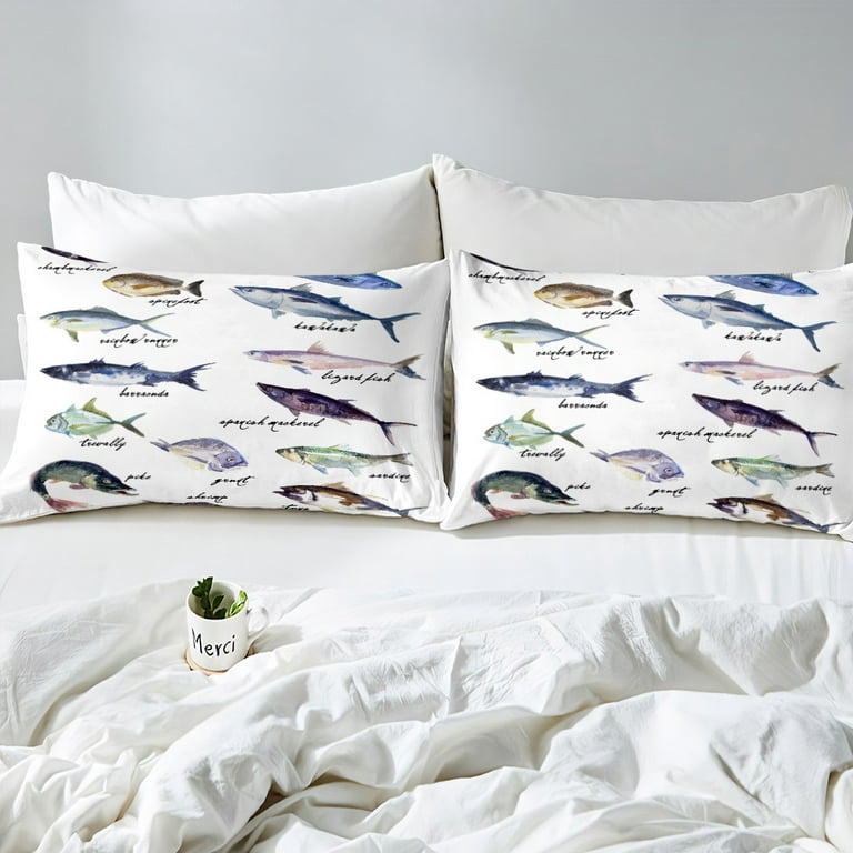 Ocean Animal Print Duvet Cover King Hunting and Fishing Bedding Set,  Watercolor Fish Set Comforter Cover Colorful Wildlife Bed Sets, Kids Nature  Theme Bedding, White 3 Pieces 