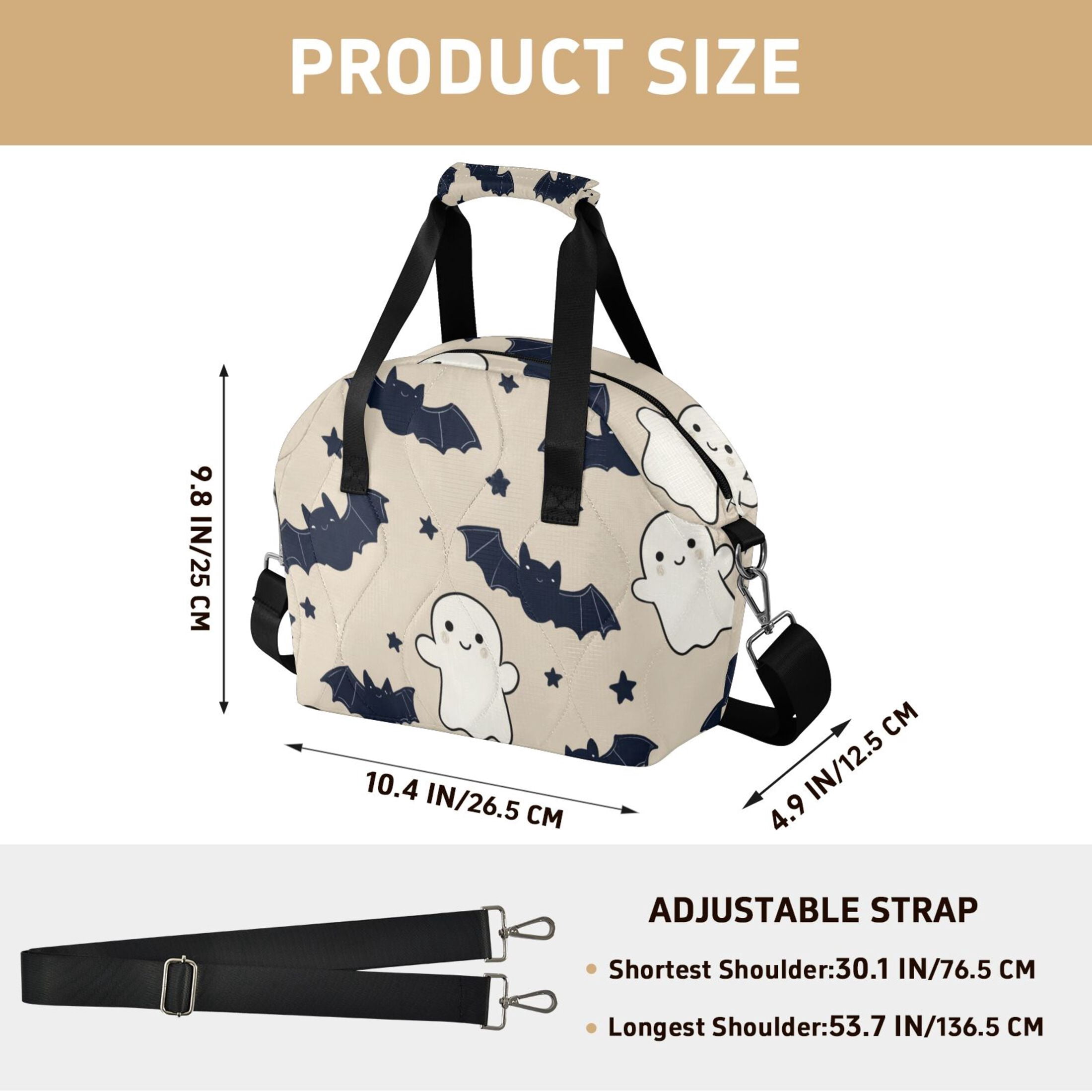Halloween Cute Cartoon Bats Stars Specters Insulated Lunch Bag Reusable Quilted Lunch Box Waterproof Leakproof Lunch Container