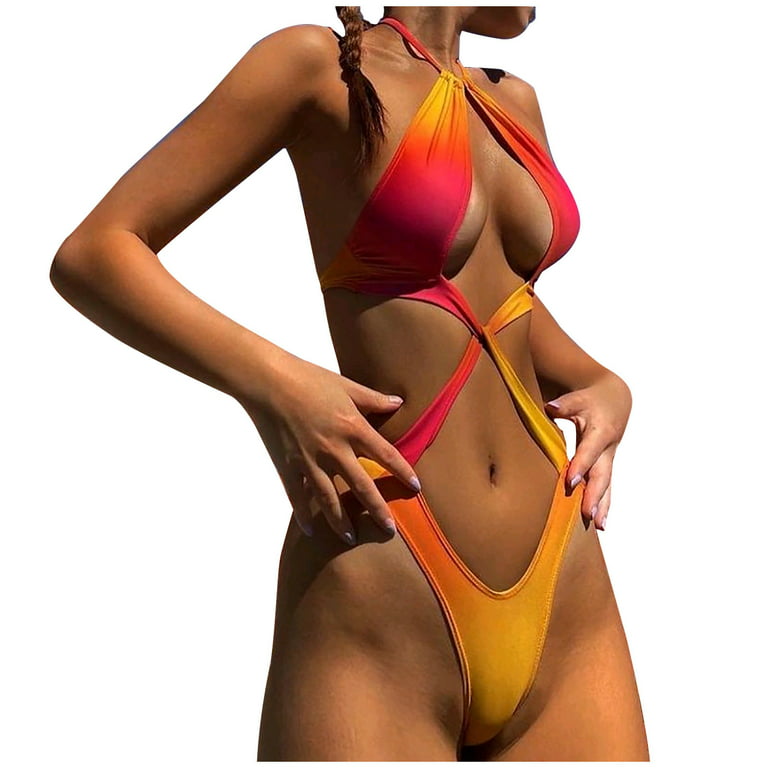 Penkiiy Women's Sexy High Breast One Shoulder Gradient Bikini Set Solid  Swimsuit Sets Bikinis for Teens XL Orange 2023 Summer Deal