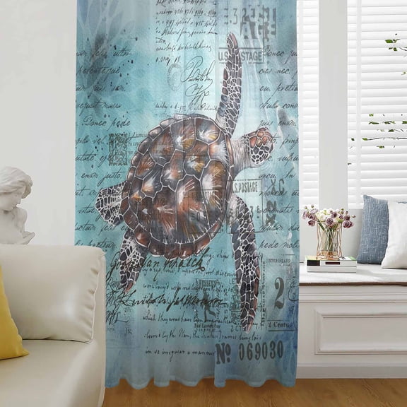 Coastal Sea Turtle Semi Sheer Curtains Drapes for Living Room, Bedroom, French Doors Window 54 Inches Long, Blue Nautical Summer Beach Vintage Rod Pocket Chiffon Curtain Drapery Voile Drape Panel