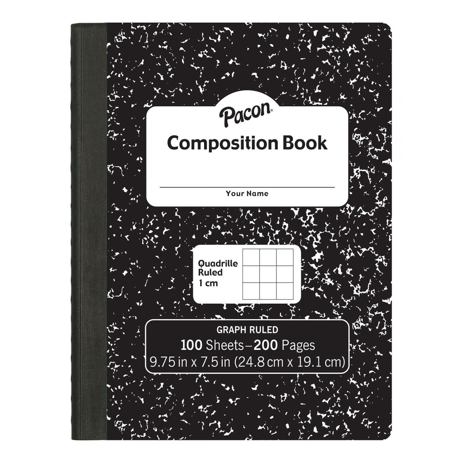 Pacon Composition Book, Black Marble, 1 cm Quadrille Ruled 9-3/4" x 7-1/2", 100 Sheets, Pack of 6
