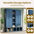 thumbnail image 4 of 63" Farmhouse Hall Tree with Bench and Shoe Storage, 4-in-1 Entryway Bench with 4 Storage Cabinets, 5 Shoe Cabinets and 6 Hanging Hooks, Blue, 4 of 9