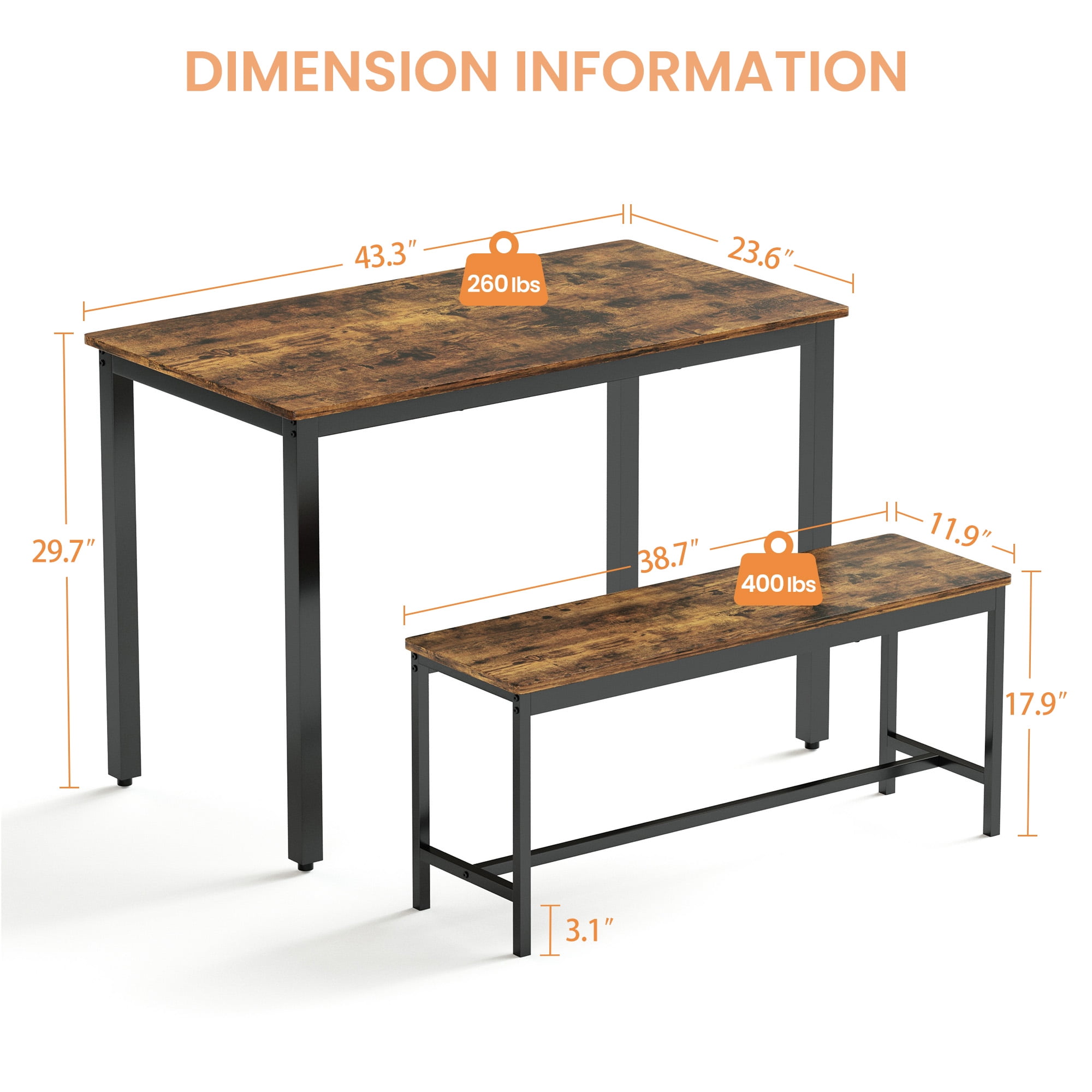 Aukfa 43.3" Dining Table Set for 4, Small Kitchen Table Set with 2 Benches for Living Room Dining Room,Brown