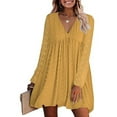 thumbnail image 2 of Robes d'Automne pour Femmes, Col en V Doux, Pois Suisses, Manches Longues, Robe Babydoll, Unie, Décontractée, Coupe Ample, Mini-Robe Évasée, 2 of 5