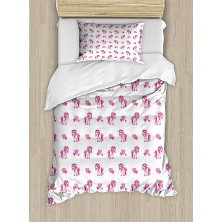 Duvets For Girls Love Duvet Cover Set, Pink Hearts and Magical Pony Horse Kids Girls Design Fairytale Toy Animal Cartoon, Decorative Bedding Set with Pillow Shams, Hot Pink White, by Ambesonne ()