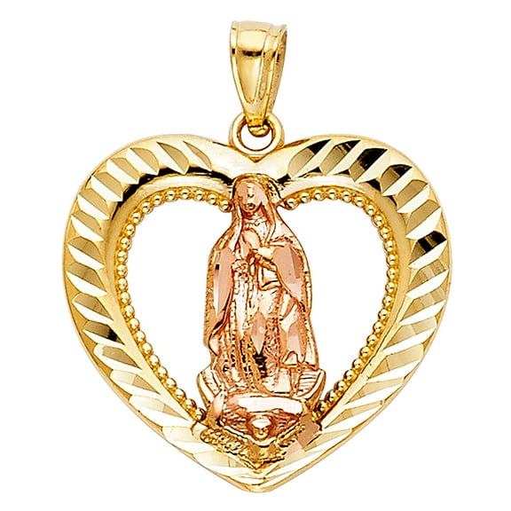 14k Two-Color Gold Bright Heart Virgin of Guadalupe Pendant Diamond-Cut Charm Jewelry Female Unisex