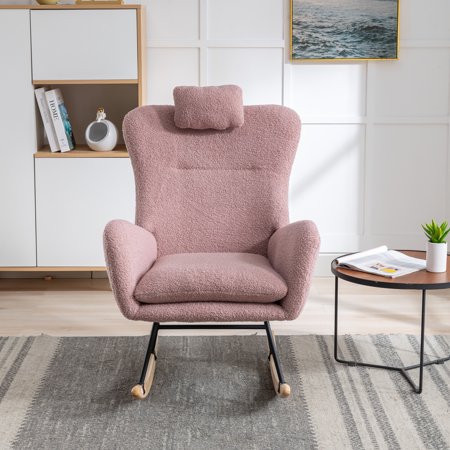 HUTWIFE Nursery Rocking Chairs  Teddy Fabric Nursery Chair with High Backrest and Armrests  Indoor Nursery Rocker Upholstered Nursing Chair Rocking Accent Chair for Nursery  Bedroom