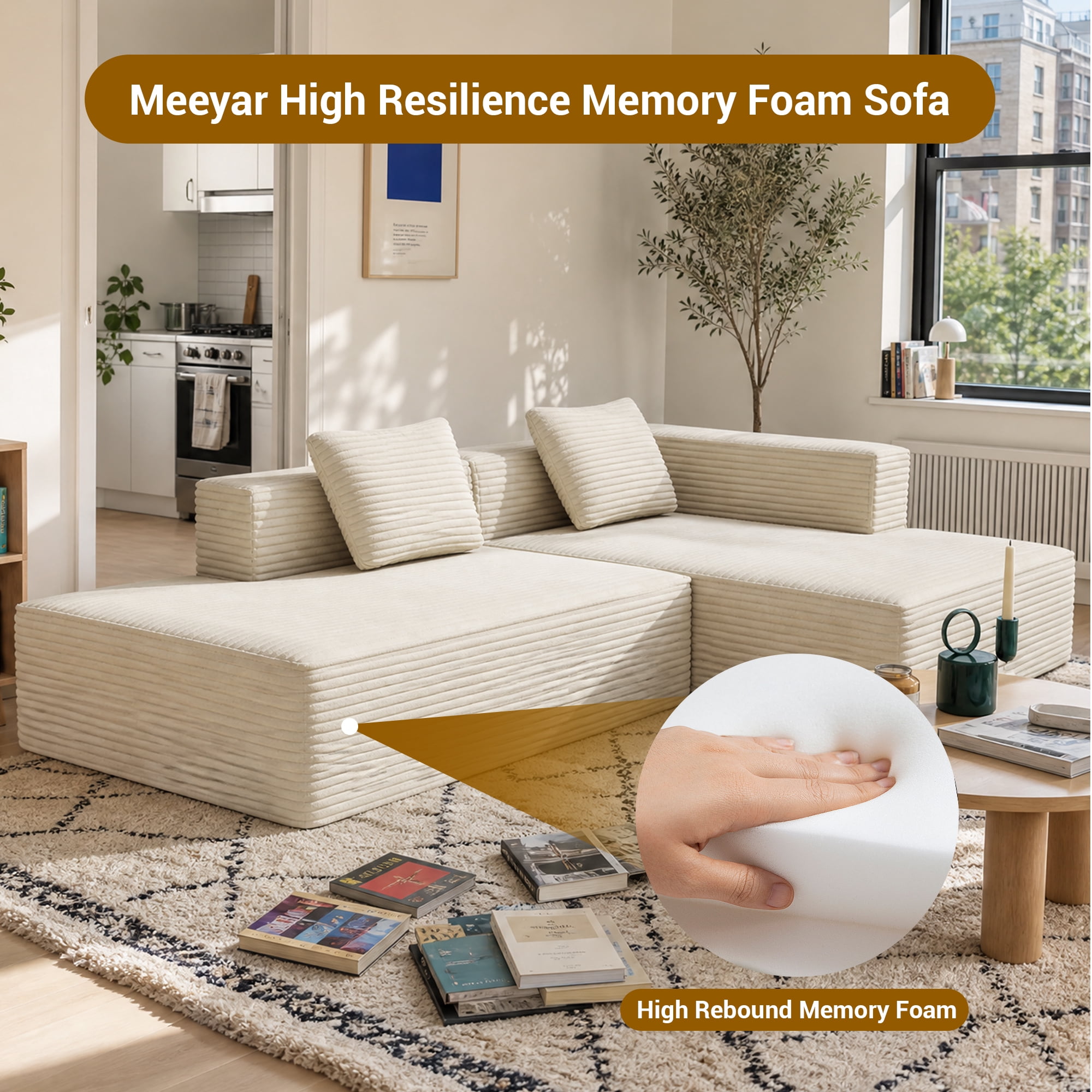 Meeyar 91" Boneless Modular Sectional Sofa with L Shaped Chaise, Cloud Couch for Living Room, Beige