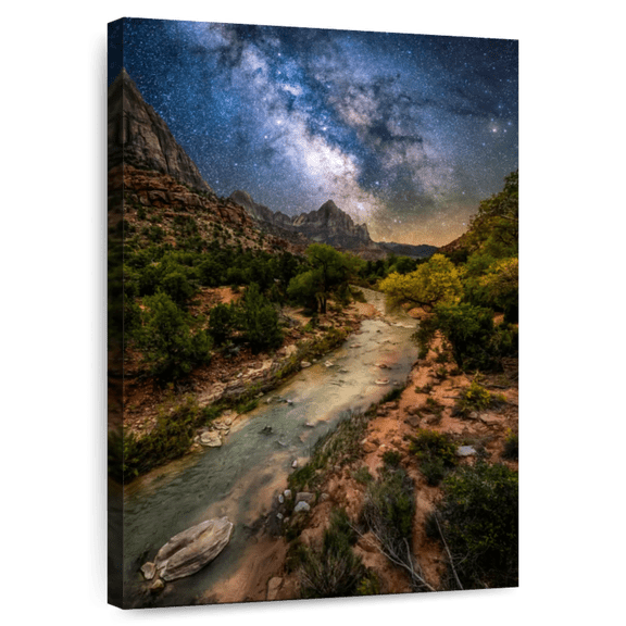 Elephant Stock Milky Way Over Virgin River Wall Art - Vertical Canvas Wall Art - Living Room Wall Decor - Astronomy & Space Canvas - Blue And Brown Decor - 8" x 12"