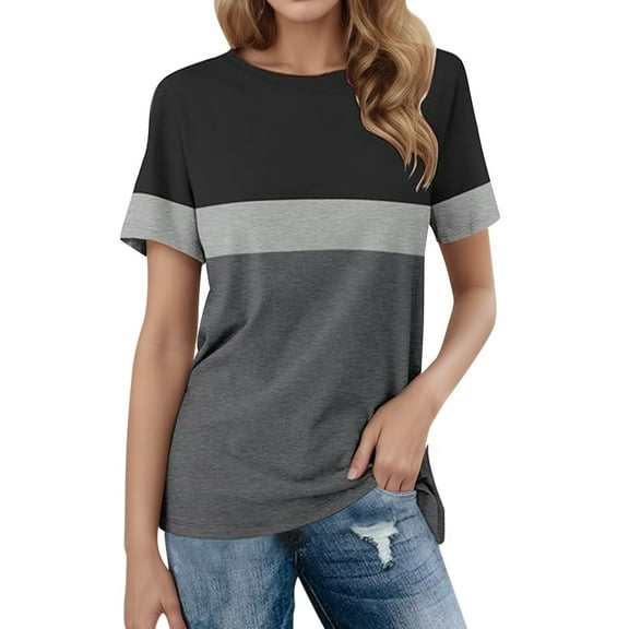MIXUE Womens Summer Tops Summer Color Block Fashion Round Neck Short Sleeve Pullover T-shirts Holiday Wear,Gray,S