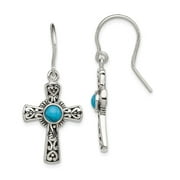 925 Sterling Silver Antiqued Recon Turquoise Cross Shepherd Hook Earrings; for Adults and Teens; for Women and Men