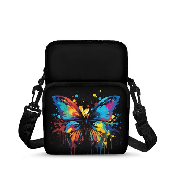 FUIALDOLG Watercolor Butterfly Crossbody Shoulder Bag, Polyester Double Zipper Adjustable Cell Phone Purse for Women for Travel and Work