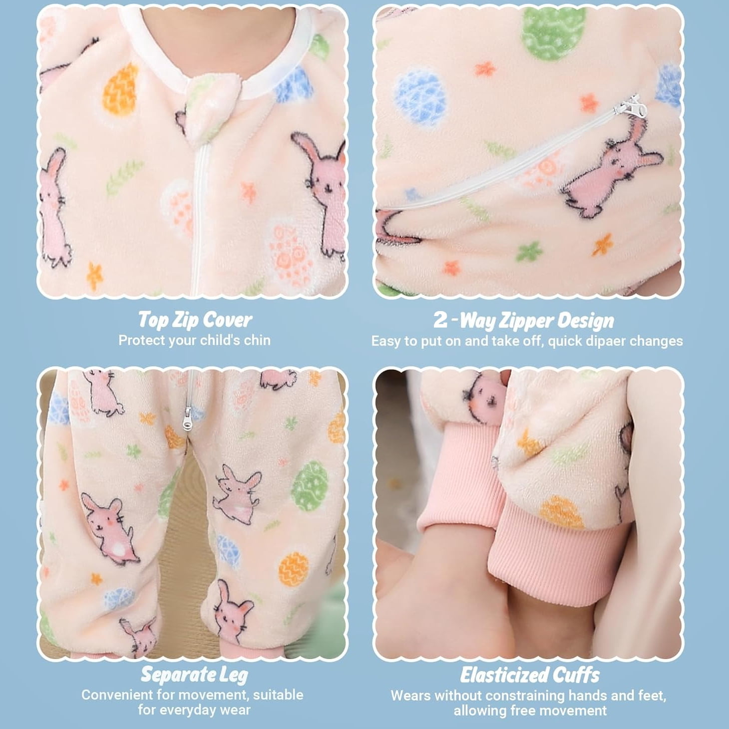 WIBACKER 9M-6Y Baby Warm Flannel Sleeping Bag with Feet, Rabbit Sleepsuit, Kids Toddler Girls Double Zipper Wearable Sleep Sack
