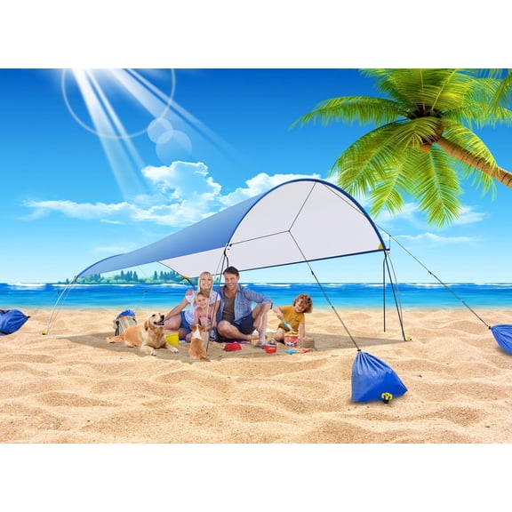 Beach Tent UPF50  Sun Shade Canopy Angle Adjustable, Portable Beach Tent Sun Shelter with Ground Pegs, Poles & Anti-Wind Ropes for Camping Fishing Backyard Picnic (10.5x10.5ft)