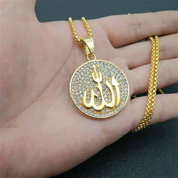 Religious Iced Out Bling Allah Pendant 14K Yellow Gold Islamic Muslim Round Necklace For Men Hip Hop Jewelry Gift