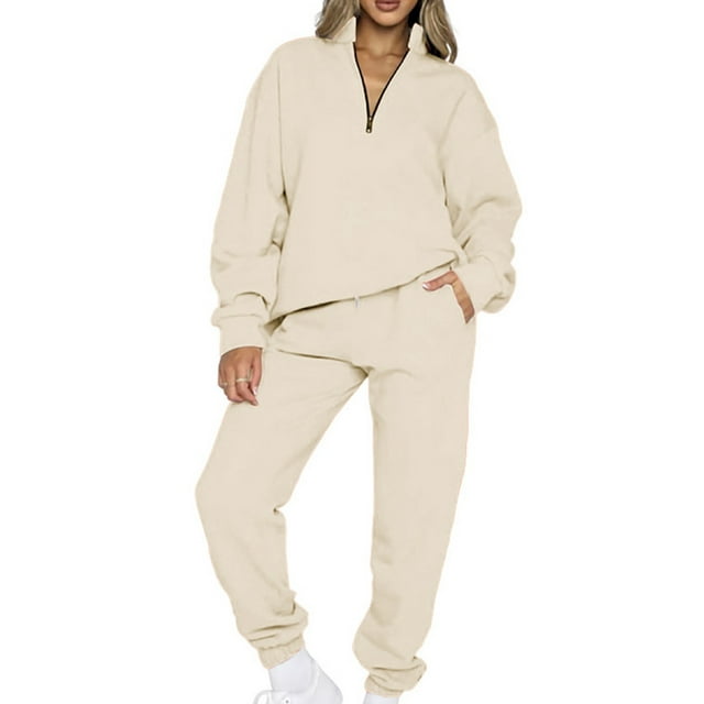 Avamo Ladies Tracksuit Set V Neck Jogger Sets Solid Color Two Piece Outfit Breathable Sweatshirt And Sweatpant Sports Sweatsuits Apricot L