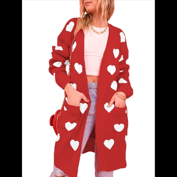 Suéter Cárdigan con Corazón para Mujer, Cuello en V, Abertura Frontal, Punto Acanalado, Abrigos con Bolsillos. Rojo L