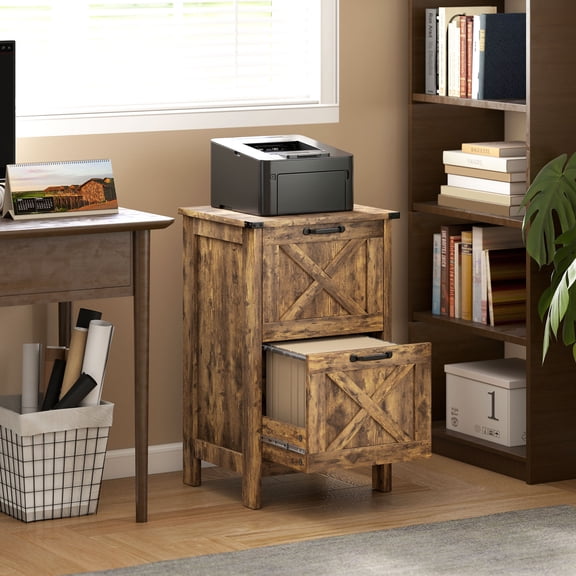 HOMCOM 2 Drawer Vertical File Cabinet with Silent Slides, Farmhouse Filing Cabinet with Barn Doors for A4/Letter Size, Printer Stand, Rustic Brown