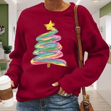 WILLBEST essentials hoodie Christmas Shirt Womens Plaid Print Tree T Shirt Xmas Long Sleeve Sweatshirt Holiday Shirts Tops teens hoodies