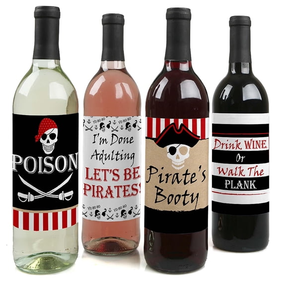 Big Dot of Happiness Beware of Pirates - Pirate Birthday Party Decorations for Women and Men - Wine Bottle Label Stickers - Set of 4
