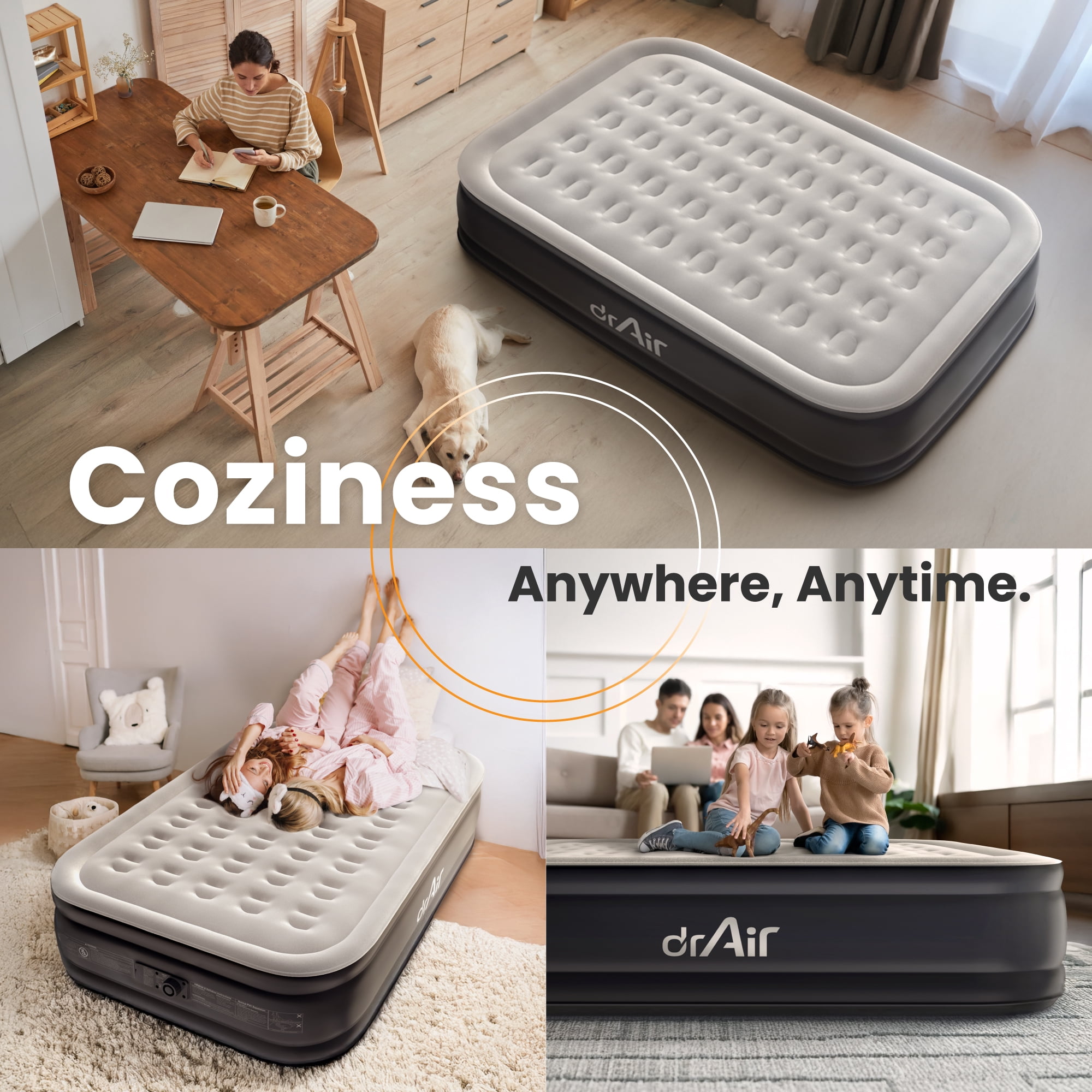 Dr. Air Queen Air Mattress, 18” Raised Inflatable Bed with Built-in Pump, Waterproof Velvety Top, Ergonomic Design, Reinforced Support, and Carry Bag for Home, Camping, and Guests