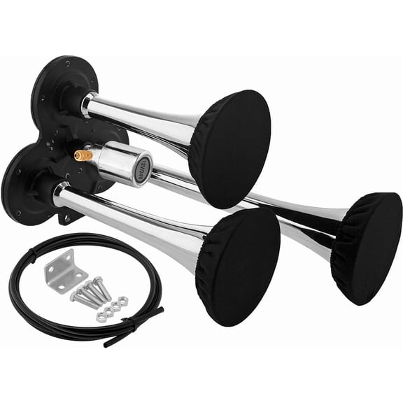 Vixen Horns Train Horn for Truck/Car. 3 Air Horn Chrome Plated Trumpets w/Covers. Super Loud dB. Fits 12v/24v Vehicles like Semi/Pickup/Jeep/RV/SUV VXH3311C/P