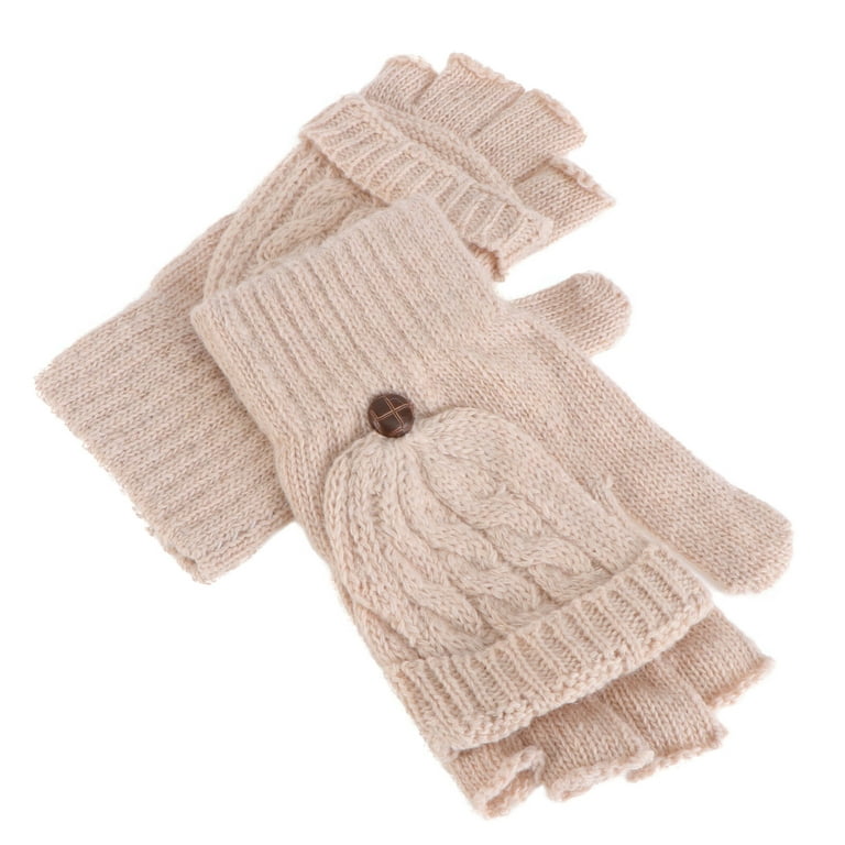 Women Winter Warm Wool Knitted Convertible Fingerless Gloves With