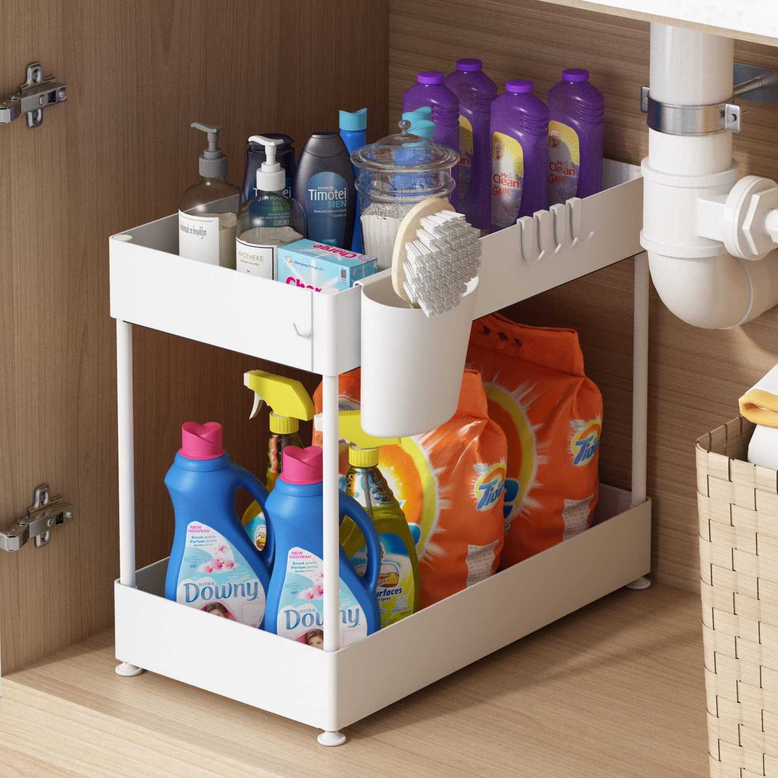  WAKISA Under Sink Organizers 2 Pack, Bathroom Organizers Under  Cabinet Storage, 2 Tier Counter Storage with Drawer/Hooks/Cups, L Shape  Large Capacity Organization and Storage for Home Kitchen Bathroom