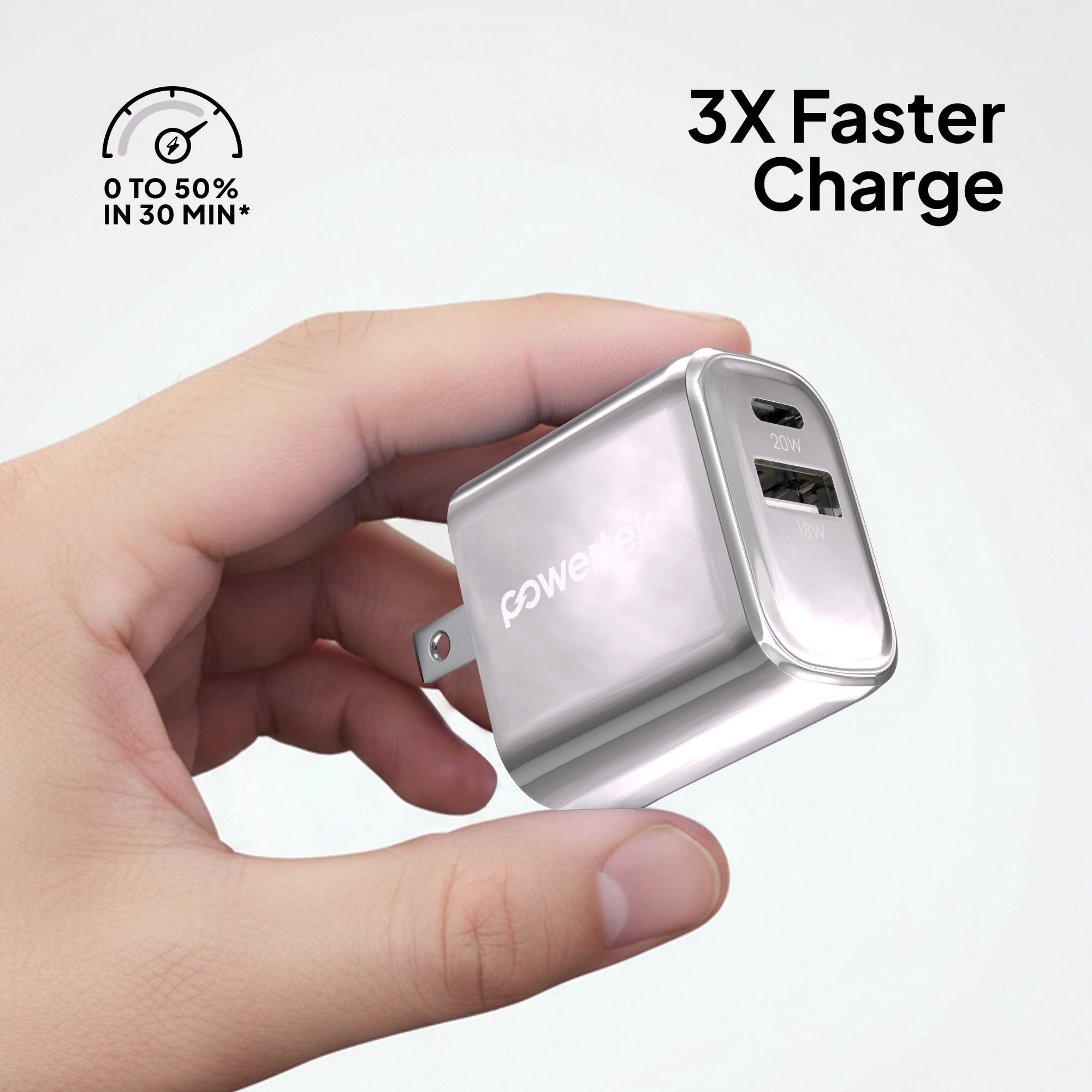 Powertek 20W USB-C PD + 18W USB-A Dual Port Wall Charger, Metallic Shine Pastel, Silver