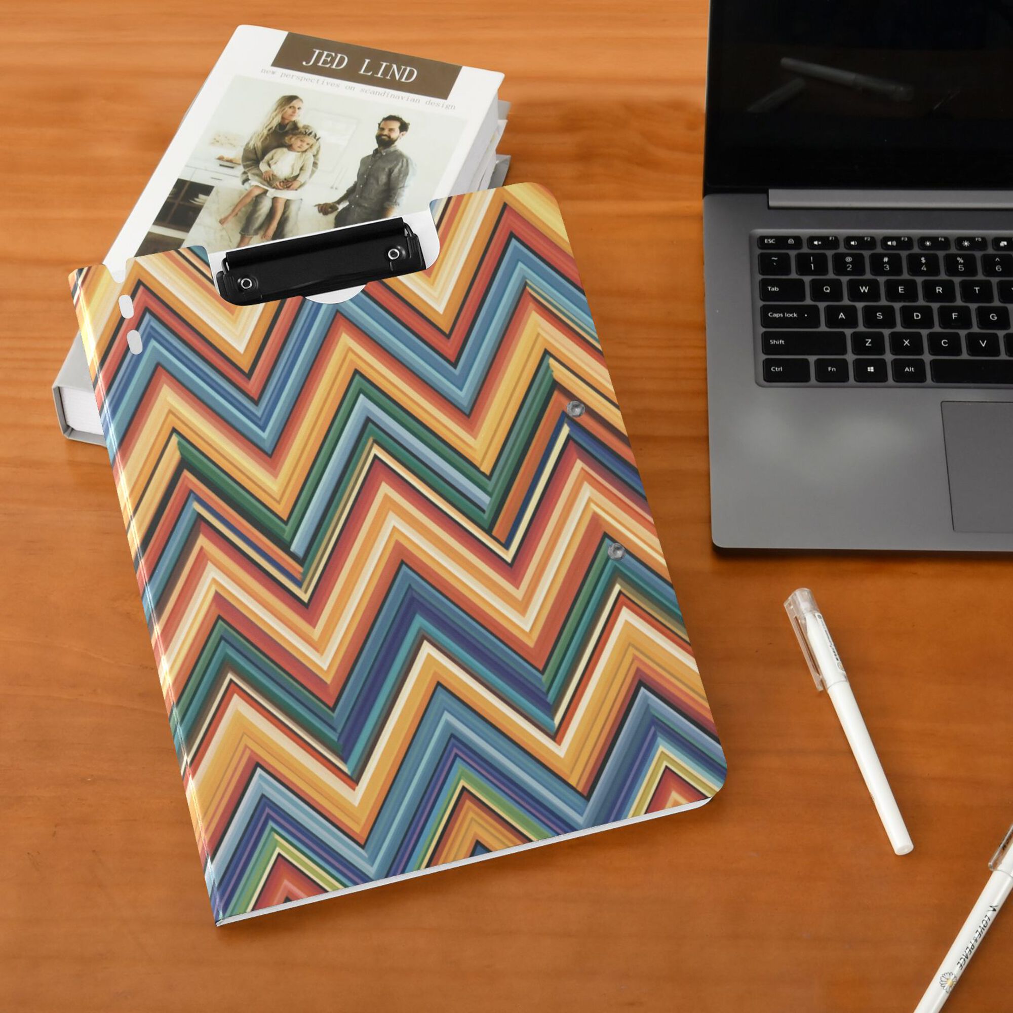 FORMRS A4 Clipboard Folder with Pen Holder Horizontal Foldable School Office Binder, Orange Geometric
