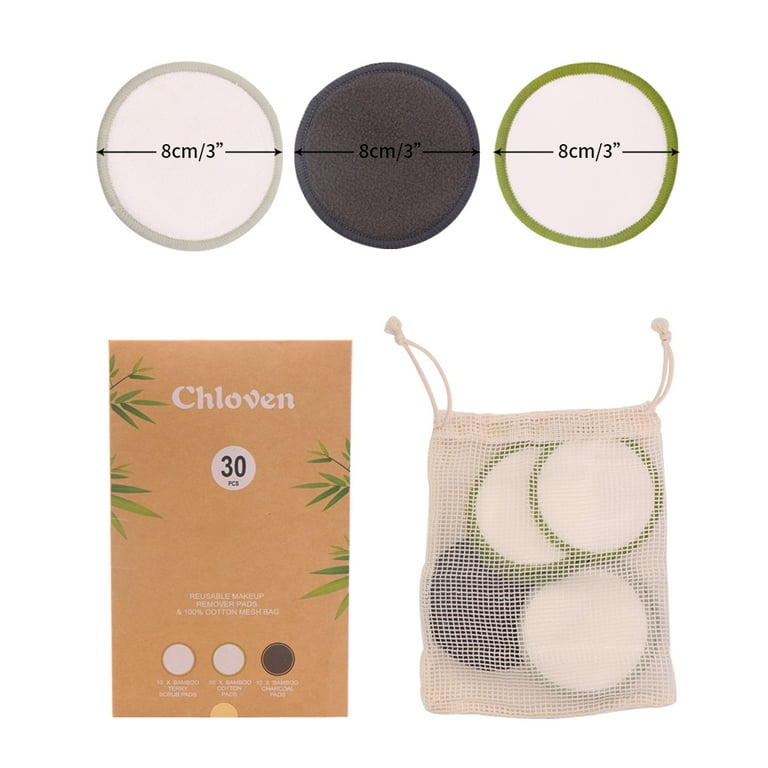 Chloven 30 Pack Organic Reusable Makeup Remover Pads - Bamboo Reusable Cotton Rounds for Toner, Washable Eco-Friendly Pads for all Skin Types with Cotton Laundry Bag