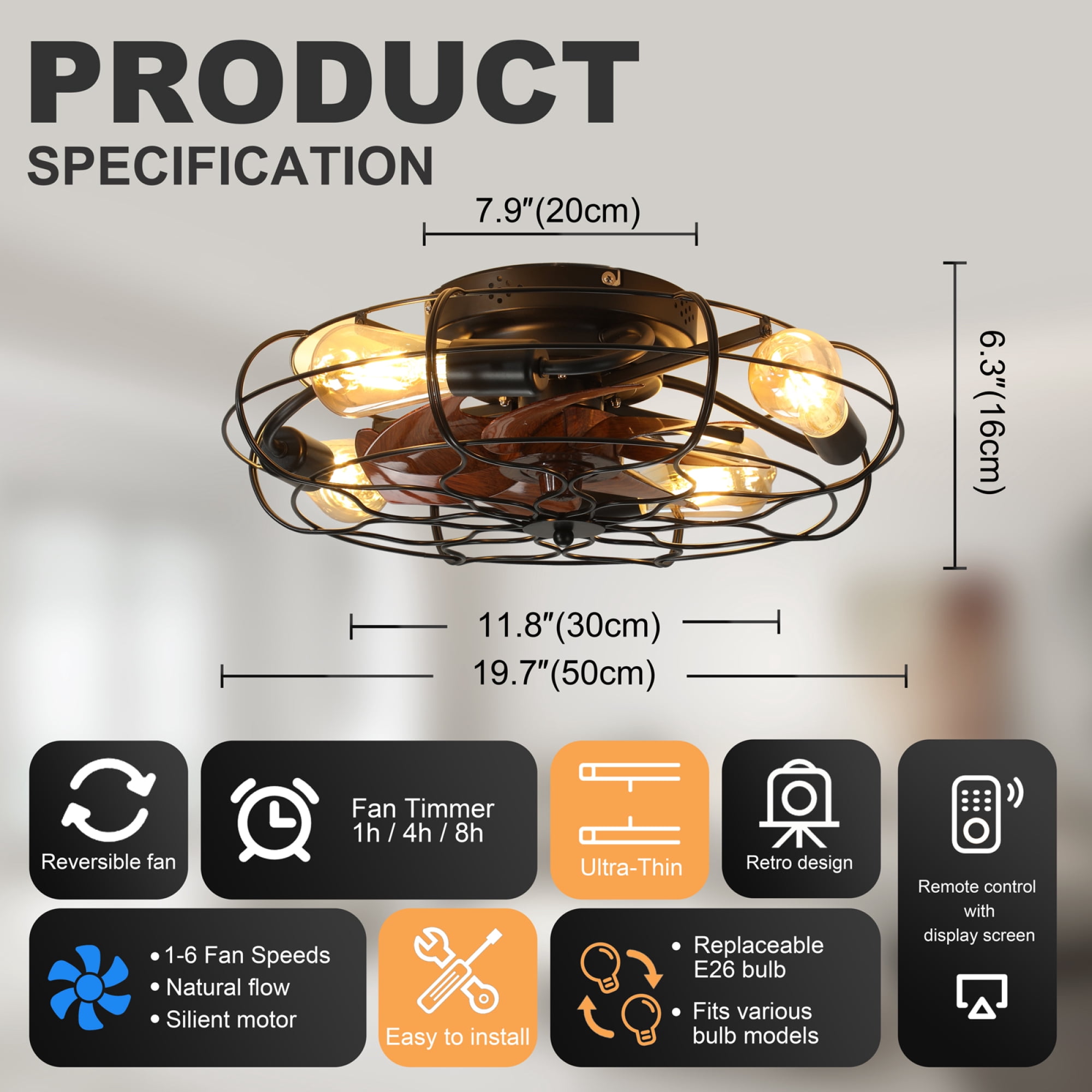 Leumius 19.7" Industrial Caged Ceiling Fan with Light, 6-Speed Reversible DC Motor, E26 Bulb Base, Remote Control, Timer, Low Noise, Farmhouse Decor for Bedroom Living Room Kitchen
