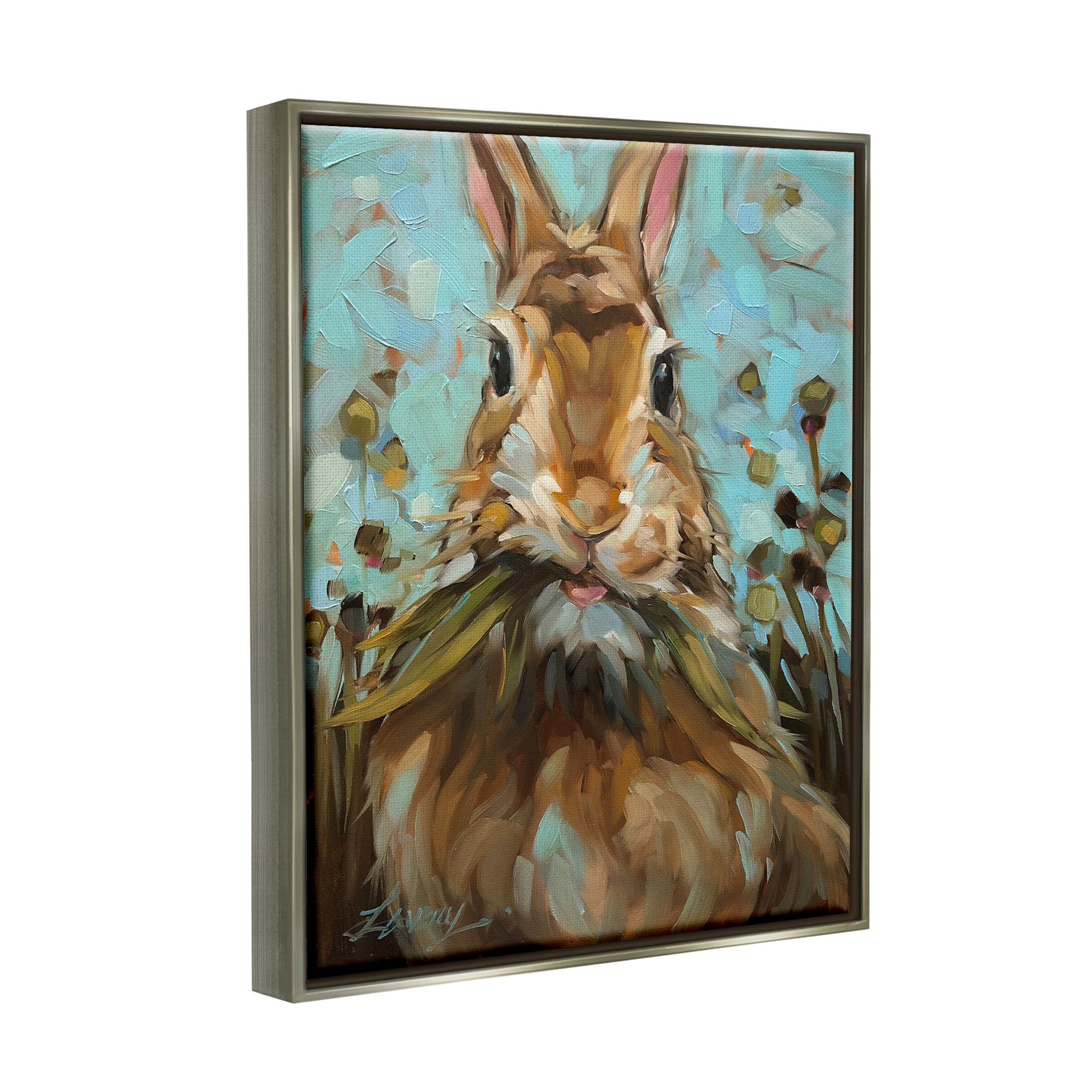 Wildlife Rabbit Eating Grass Animals & Insects Painting Luster Gray Framed Art Print Wall Art