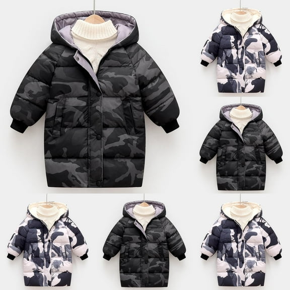 Hrsba Kids Outerwear Coats Print Kids Puffer Jacket Long Sleeve Hooded Jacket With Zipper Buttons Pockets Thick Warm Fall Winter Outerwear For 1-8 Years Boys And Girls