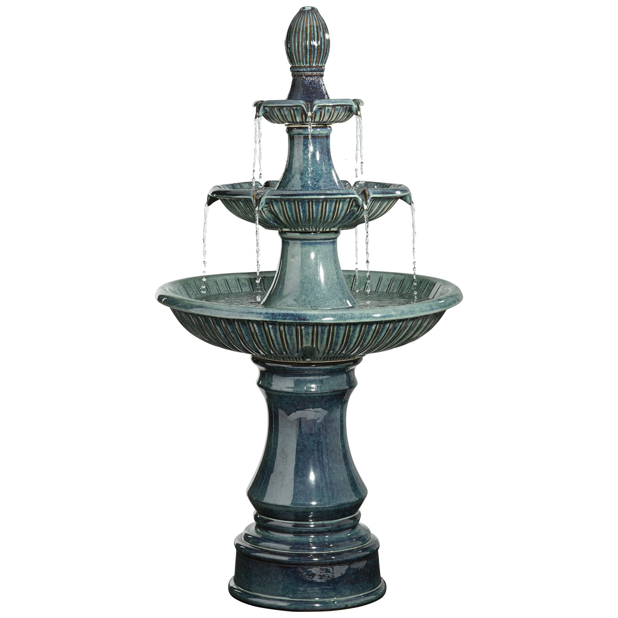 Formentera 46" High Large Italian Indoor Outdoor Decor Teal Blue Ceramic Floor Fountain with Light LED 3-Tier