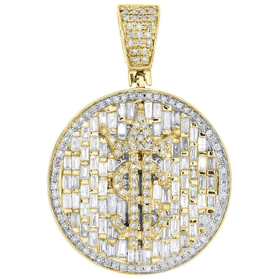 10K Yellow Gold Baguette Diamond Men's Money Crown & Dollar Sign Pendant 1.46 CT