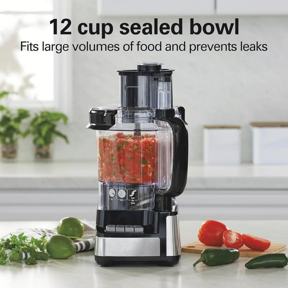 Stack & Snap Food Processor and Vegetable Chopper, BPA Free, Stainless Steel Blades, 12 Cup Bowl, 2-Speed 450 Watt Motor, Black