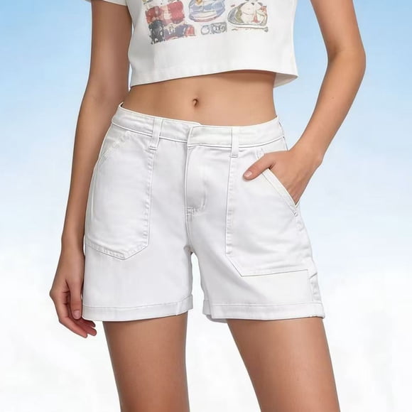 Women's White Denim Shorts Mid Waisted Comfortable Stretchy Casual Summer Jean Shorts with Pockets White S