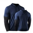 thumbnail image 3 of HOOMEUMY Casual Shirts for Men Long Sleeve Hooded Fake Two-piece Fitness Sports T-shirt Base Lightweight Spring Comfy Long Sleeve Crew Neck Solid Color Shirt (Navy,L), 3 of 5