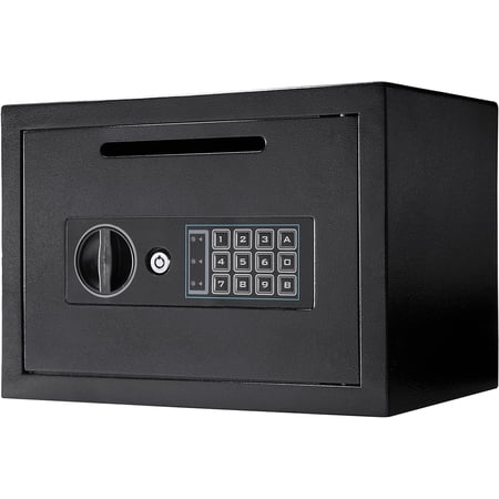 Digital deposit safe – 0.57 cubic feet front-loading tray for cash, money, and mail, multi-user code lock, steel construction, anti-pry hinges, backup key, suitable for commercial or office use