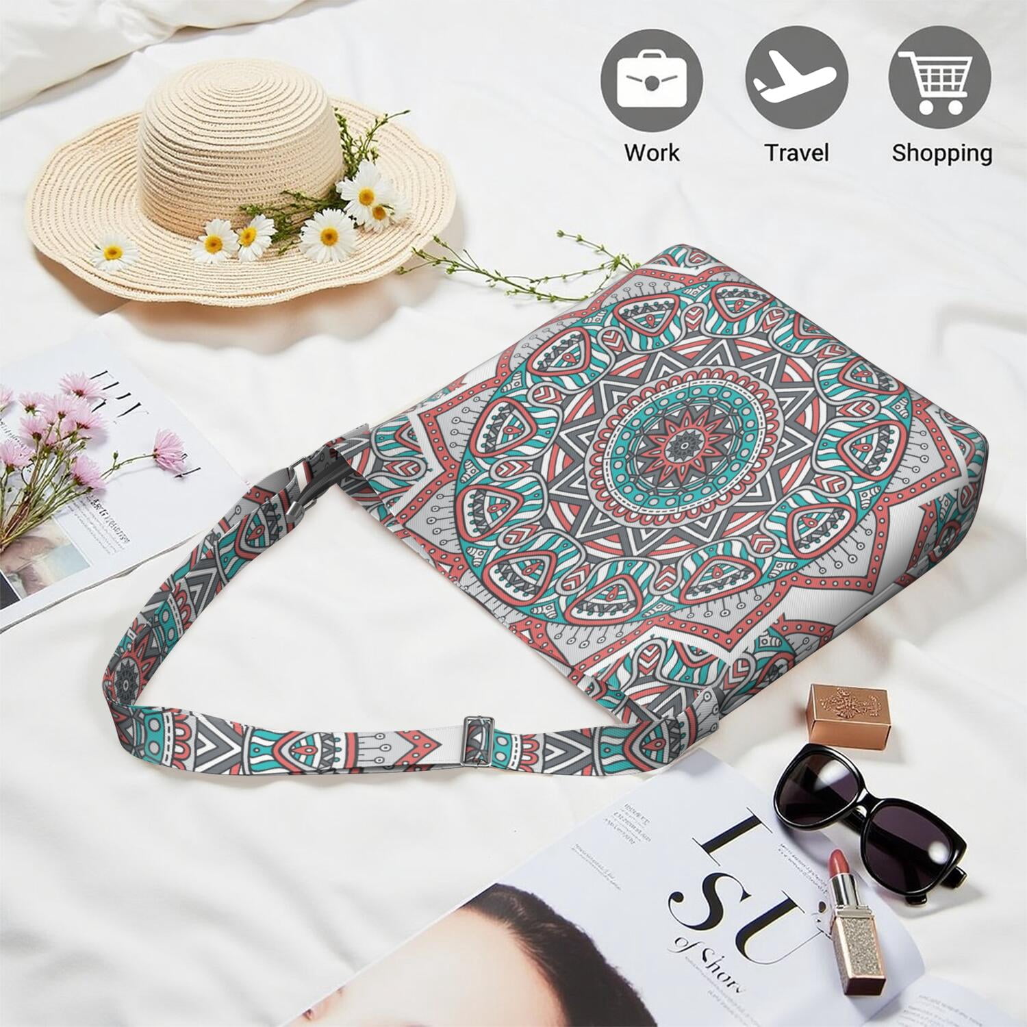 Abstract Ornamental Mandala Shoulder Bag Stylish Multi-Pocket Work & Travel Handbag