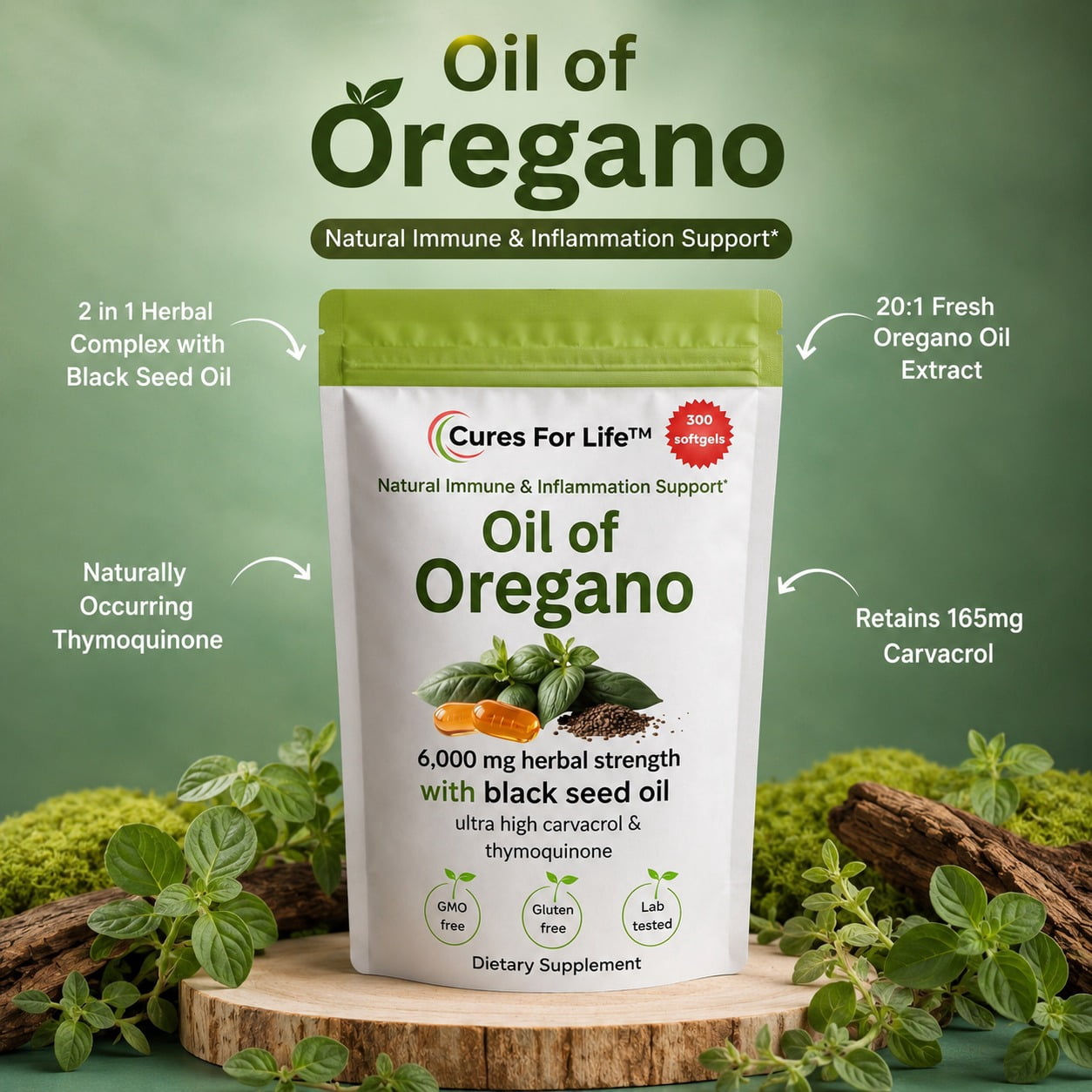 Oil of Oregano Softgels – 6000mg High Potency with 165mg Carvacrol & 200mg Black Seed Oil – 2-in-1 Immune Support & Digestive Health – 300 Softgels – Oregano Oil Capsules Supplement